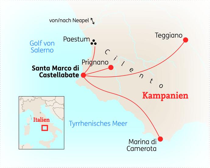 Reiseroute der 8 Tage Cilento Reise