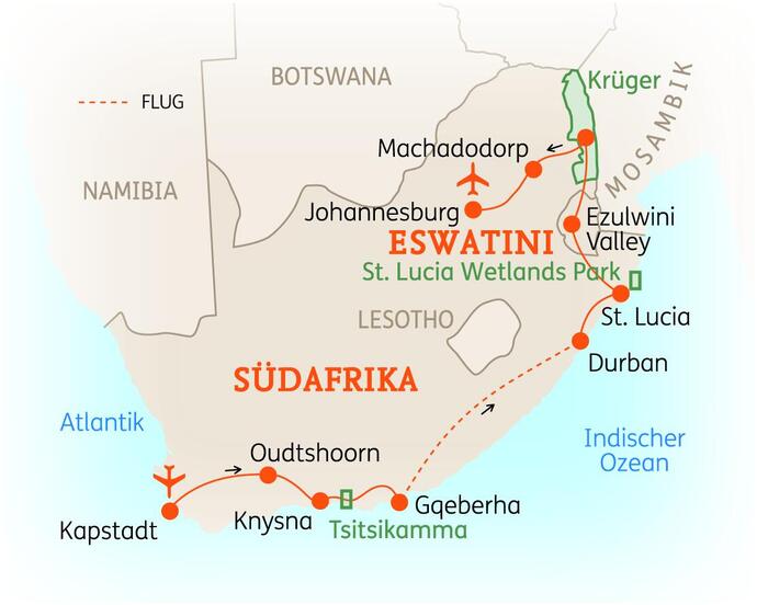 Reiseroute der 15-tägigen Südafrika Rundreise