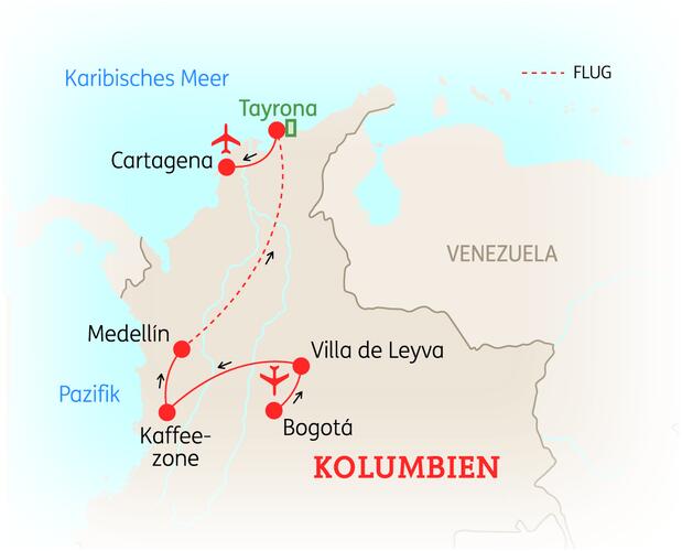 Reiseroute der 15 Tage Kolumbien Reise