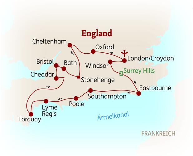 Reiseroute der 10 Tage Südengland Reise