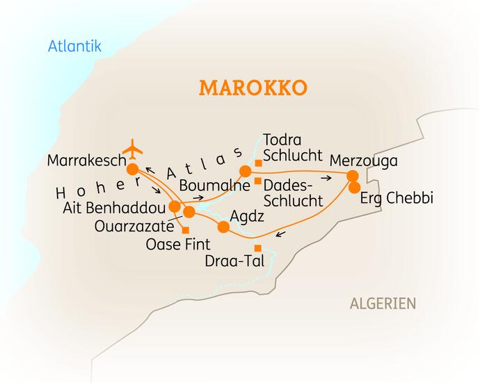 Reiseroute der 11 Tage Marokko Reise