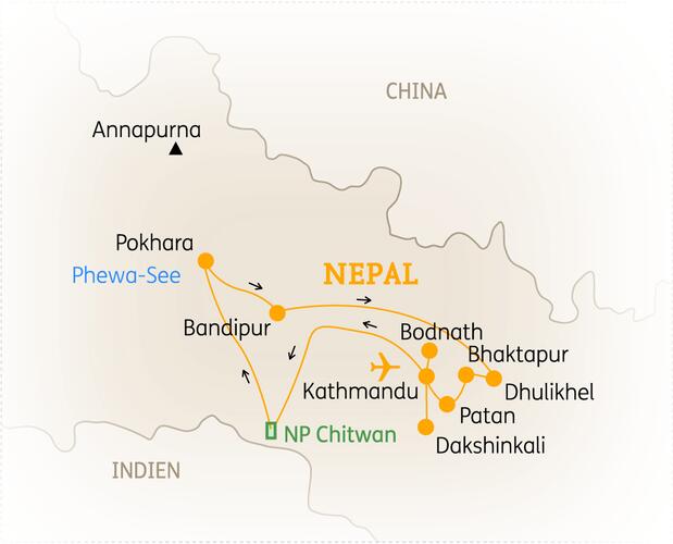 Reiseroute der 16 Tage Nepal Reise