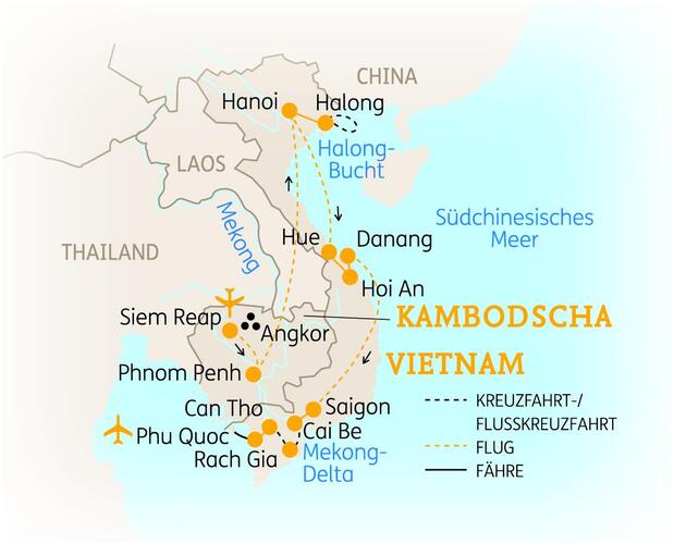 Reiseroute der 21-tägigen Vietnam & Kambodscha Reise
