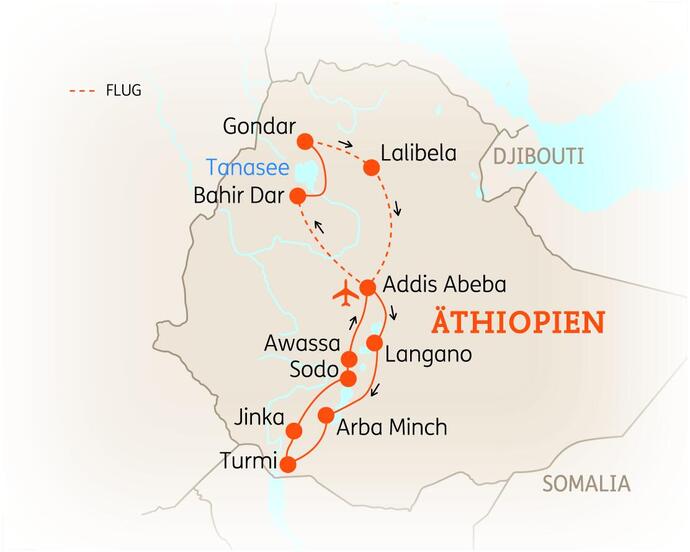 Reiseroute der 16 Tage Äthiopien Reise