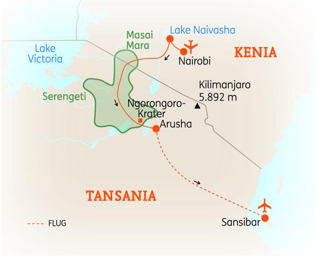 Reiseroute der 15 Tage Tansania & Kenia Reise