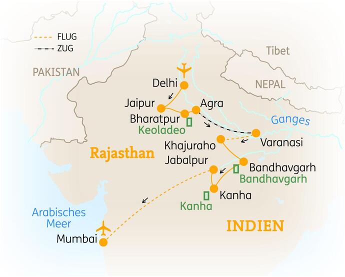Reiseroute der 18-tägigen Indienreise 