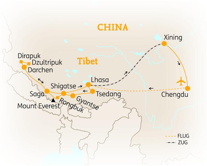 Reiseroute der 20 Tage Tibet Reise
