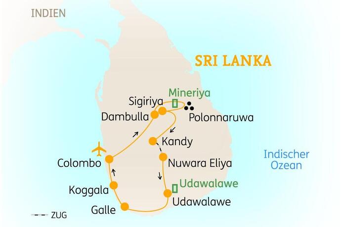 Reiseroute der 11-tägigen Sri Lanka Rundreise