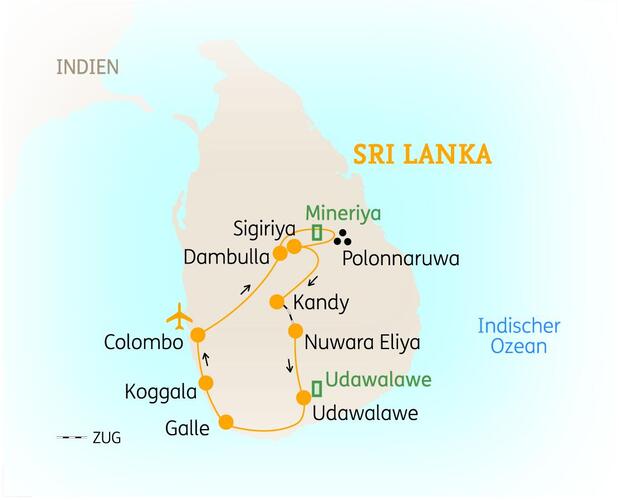 Reiseroute der 11-tägigen Sri Lanka Rundreise