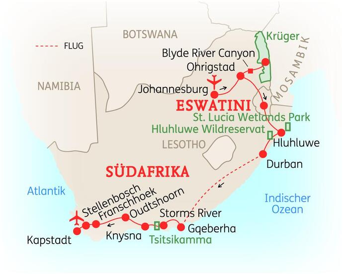 Reiseroute der 16 Tage Südafrika Reise