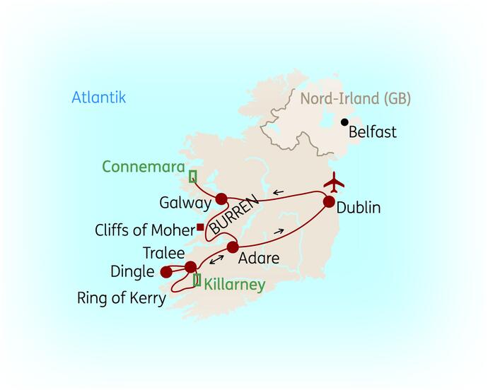 Reiseroute der 8 Tage Irland Reise