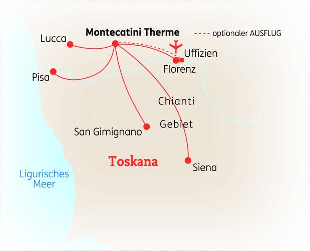 Reiseroute der 8 Tage Toskana Reise