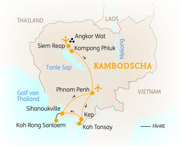 Reiseroute der 14 Tage Kambodscha Reise