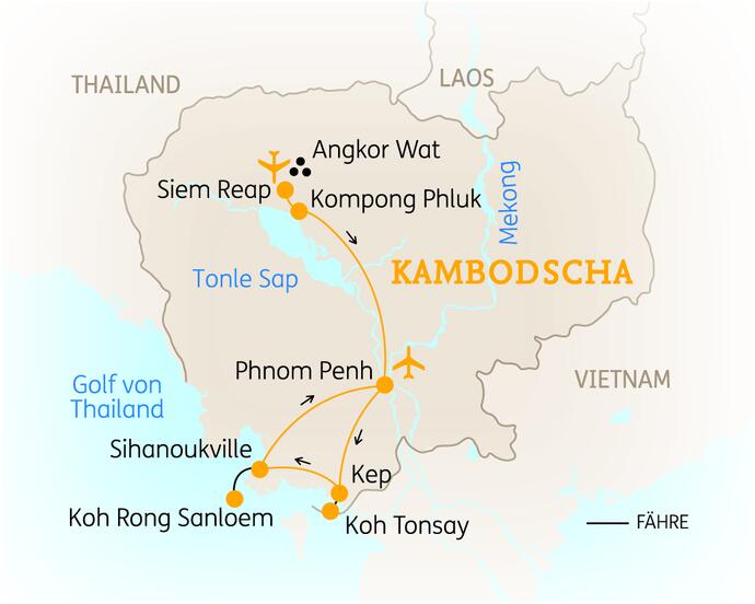 Reiseroute der 14 Tage Kambodscha Reise