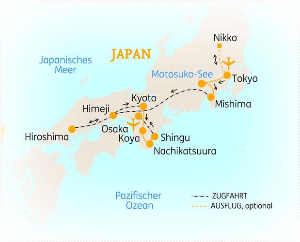 Reiseroute der 16 Tage Japan Reise