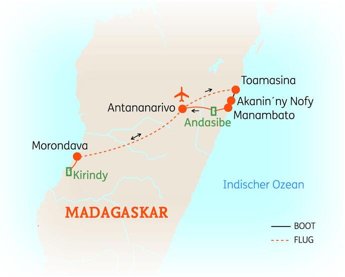 Reiseroute der 18-tägigen Madagaskar Reise