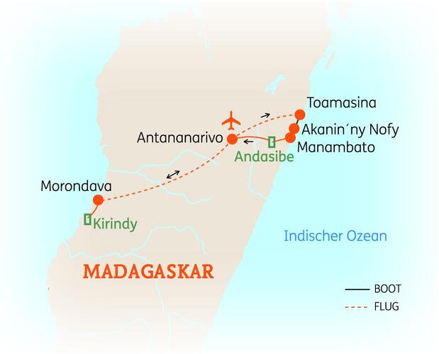 Reiseroute der 18-tägigen Madagaskar Reise
