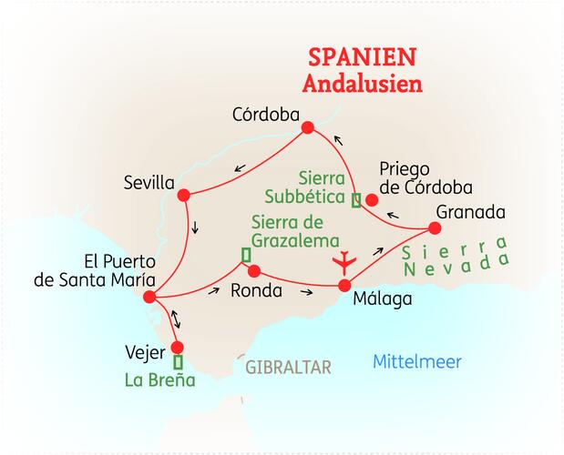Reiseroute der 11 Tage Andalusien Reise