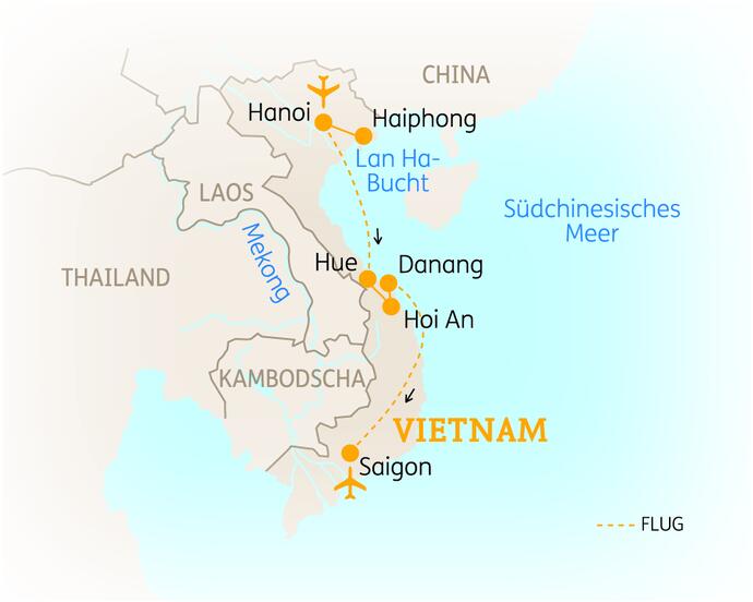Reiseroute der 14 Tage Vietnam Reise