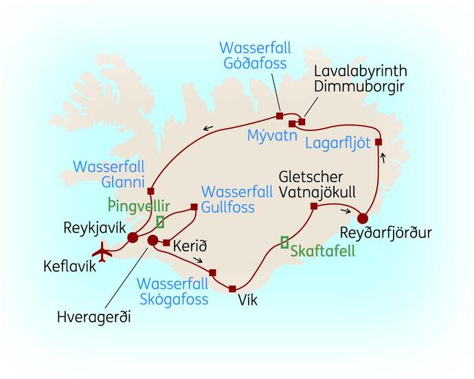 Reiseroute der 8 Tage Island Reise