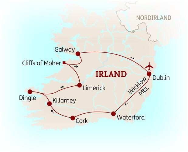 Reiseroute der 10 Tage Irland Reise