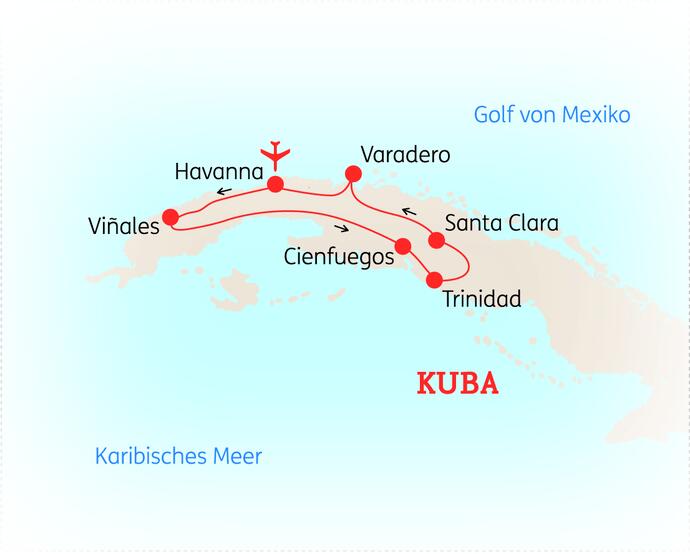 Reiseroute der 13 Tage Kuba Reise