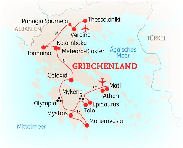 Reiseroute der 14 Tage Griechenland Reise