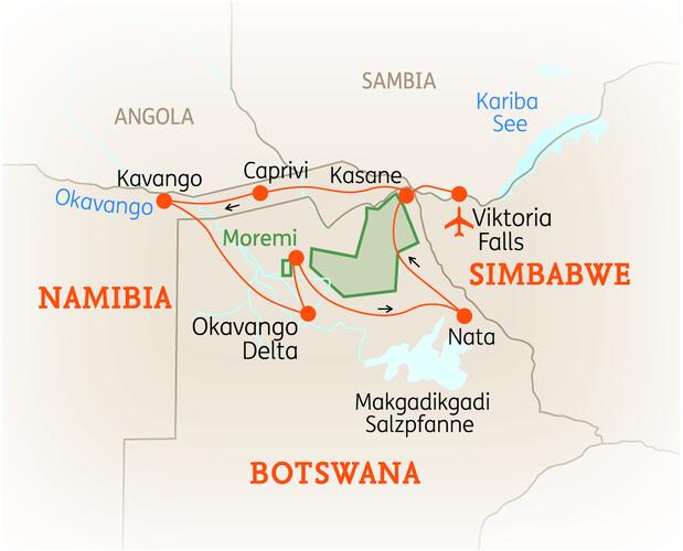 Reiseroute der 14 Tage Simbabwe, Namibia & Botswana Reise