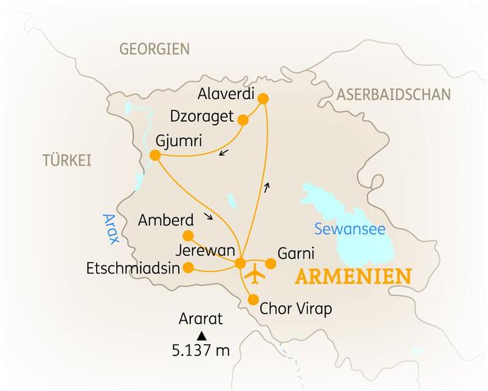 Reiseroute der 9-tägigen Armenien Rundreise 