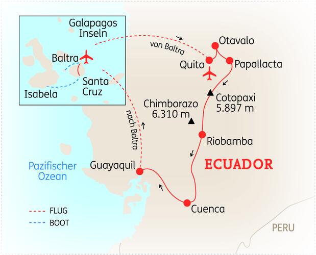 Reiseroute der 14 Tage Ecuador & Galapagos Reise