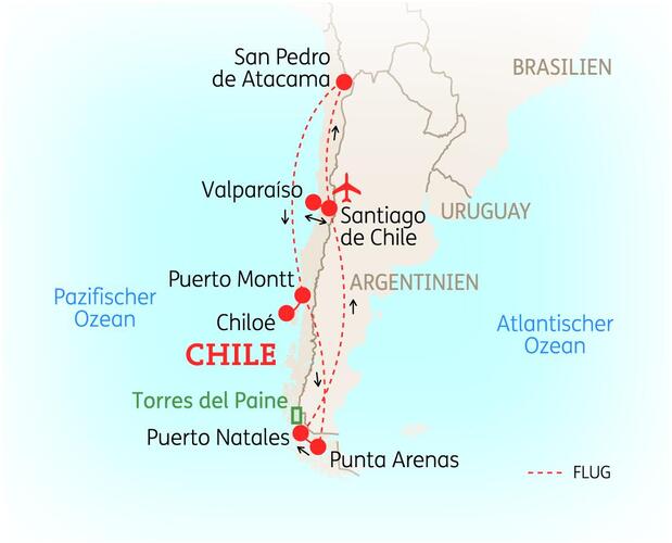 Reiseroute der 16 Tage Chile Reise