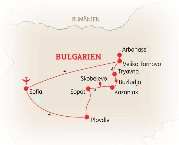Reiseroute der 8 Tage Bulgarien Reise