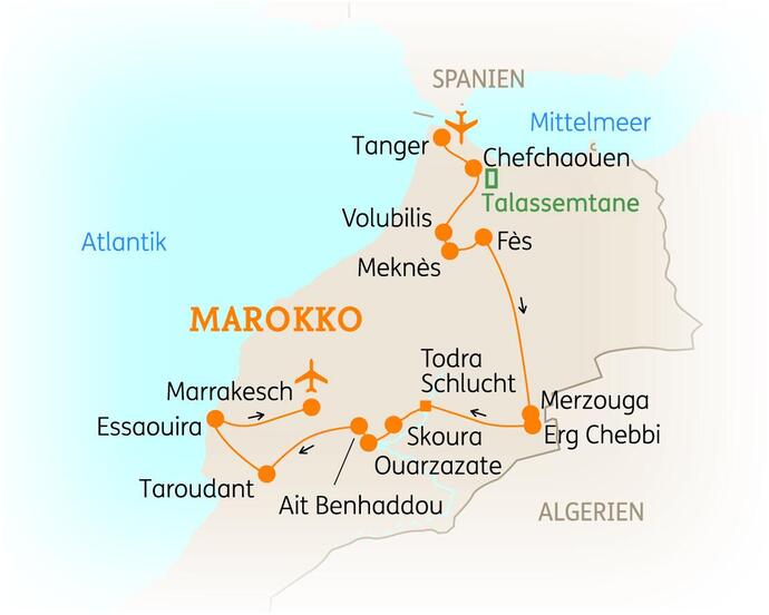 Reiseroute der 15-tägigen Marokko Rundreise 