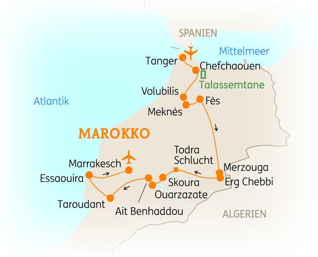 Reiseroute der 15-tägigen Marokko Rundreise 