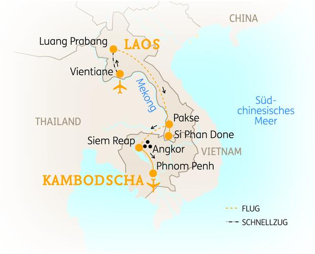 Reiseroute der 14 Tage Laos & Kambodscha Reise
