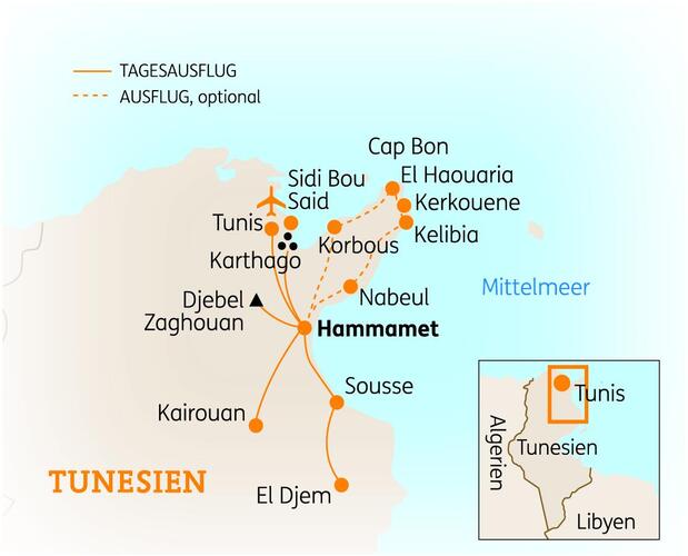 Reiseroute der 8 Tage Tunesien Reise