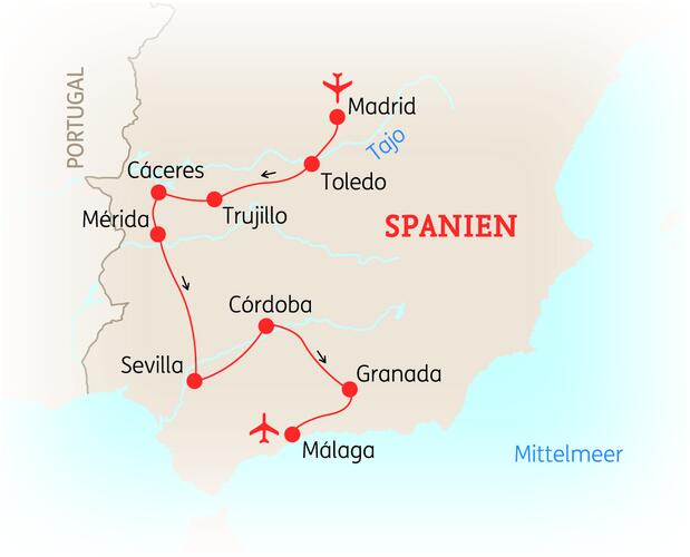Reiseroute der 10 Tage Kastilien, Extremadura & Andalusien Reise
