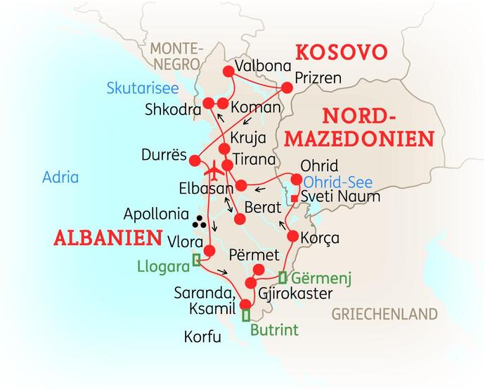 Reiseroute der 14 Tage Albanien