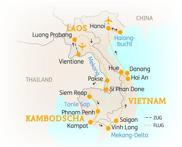 Reiseroute der 25 Tage Laos Kambodscha und Vietnam Reise