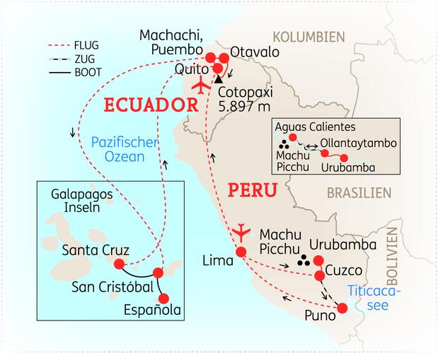 Reiseroute der 18 Tage Peru & Ecuador Reise