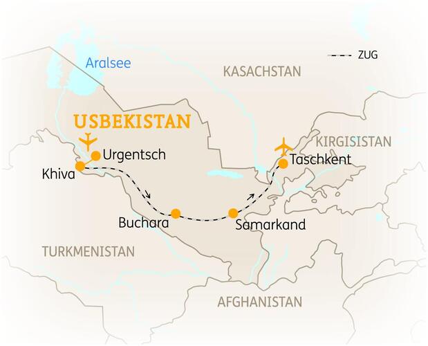 Reiseroute der 9-tägigen Usbekistan Rundreise