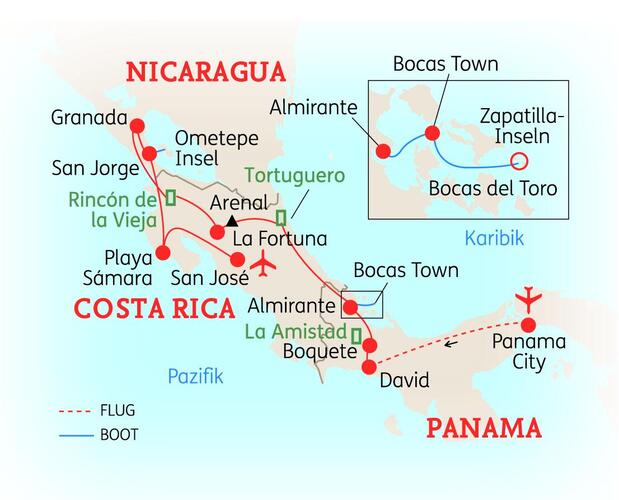 Reise Route der 18-tägigen Panama, Costa Rica und Nicaragua Reise