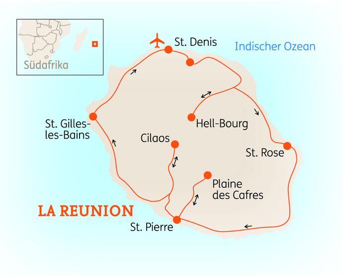 Reiseroute der 12 Tage La Réunion Reise