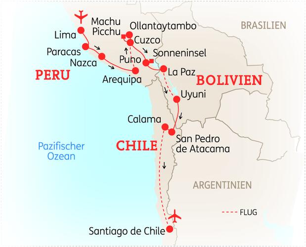 Reiseroute der 21 Tage Peru, Bolivien & Chile Reise