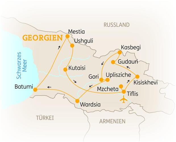 Reiseroute der 14-tägigen Georgien Rundreise