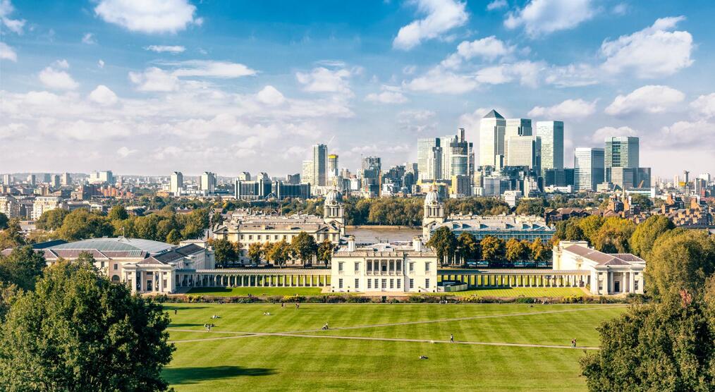 Greenwich, Blick auf Financial District Canary Wharf, London Städtereise
