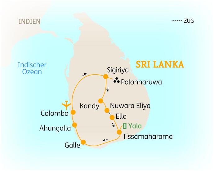 Reiseroute der 14-tägigen Sri Lanka Rundreise 