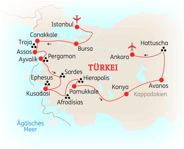 Reiseroute der 15 Tage Türkei Reise