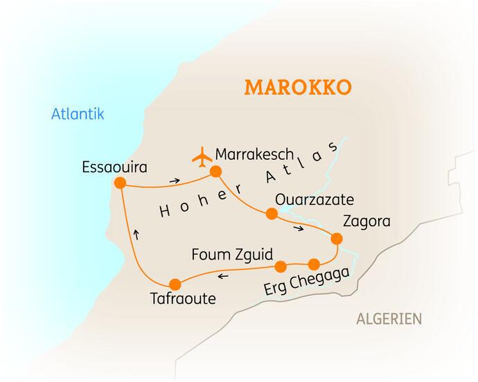 Reiseroute der 12 Tage Marokko Reise