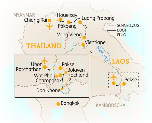 Reiseroute der 15 Tage Laos Reise